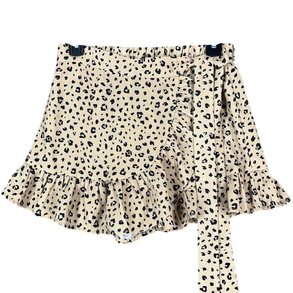 Illa Illa Leopard Print Ruffle Hem Skort Wrap Front Tie Waist Tan Black M Womens